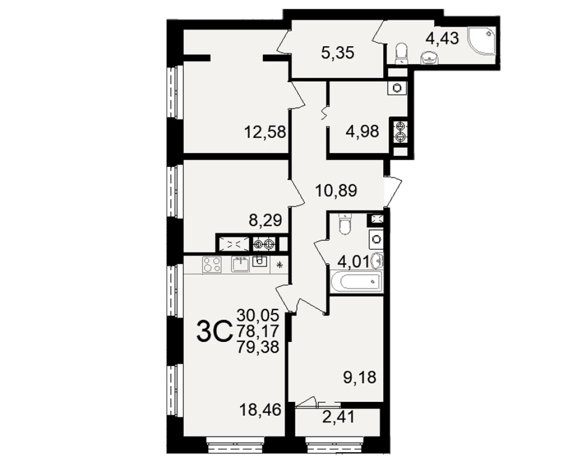 3-х комнатная квартира площадью 79.38м2